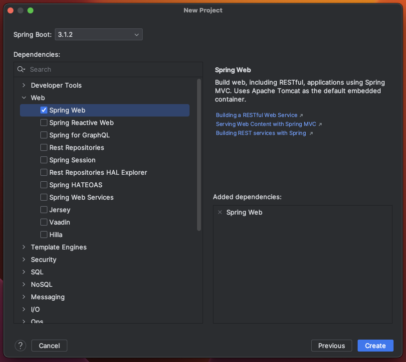 The IntelliJ IDEA new project wizard showing the dependencies that the user has chosen to add in their new app.