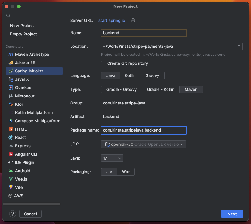 The IntelliJ IDEA new project dialog showing the filled details for the new project.