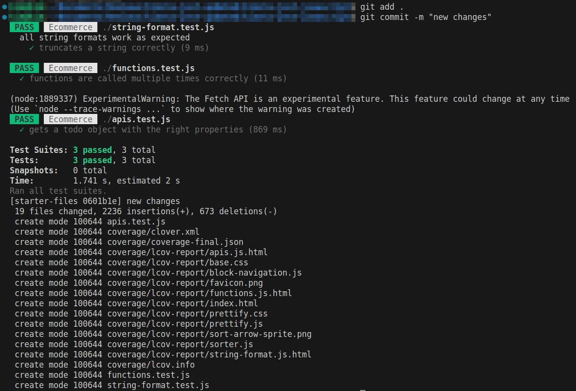Jest execution during a pre-commit stage. On making a commit using git commit -m on the terminal, Jest is executed and the result of the tests are displayed.