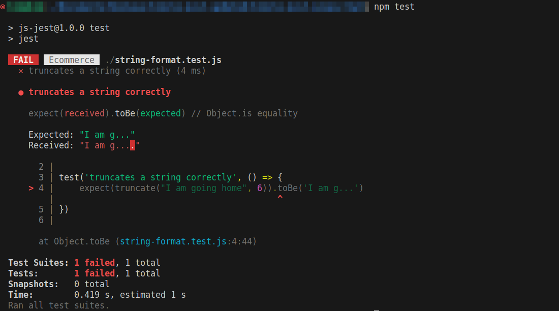 Jest test result showing failed for the "truncates a string correctly" test in string-format.test.js. The expected string from the test is "i am g...", but the received string is "i am g....".