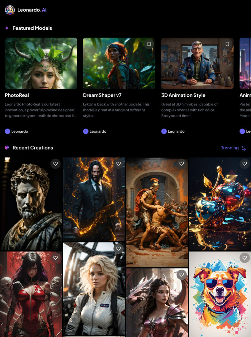 Home screen of Leonardo.ai app