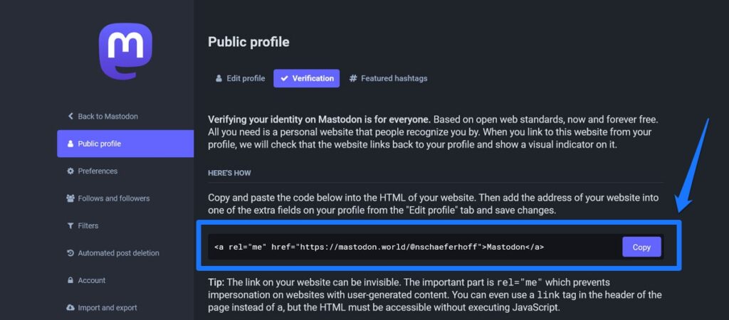 mastodon verification link