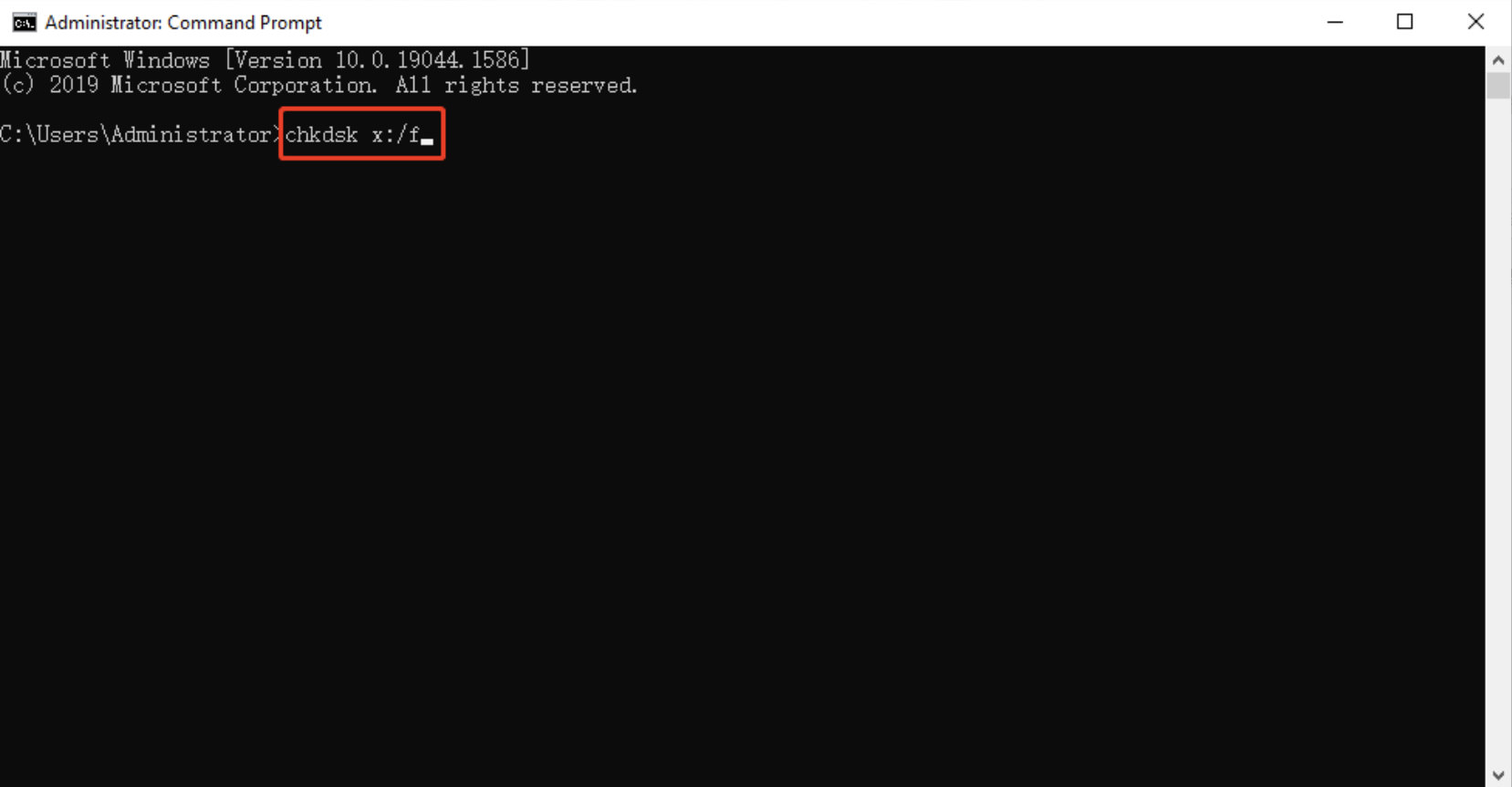 Entering chkdsk command in Command Prompt