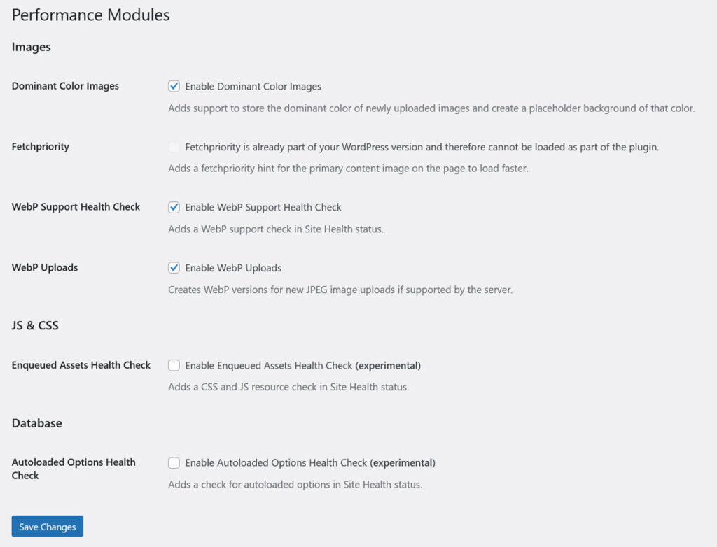 performance lab plugin menu and modules