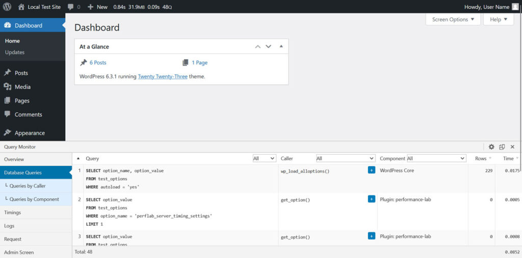 query monitor console in wordpress back end