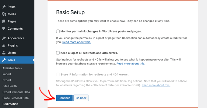 Continue Redirections Setup