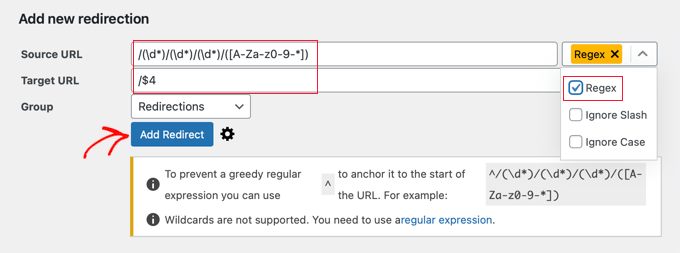 Redirections Settings for Day and Name Permalinks