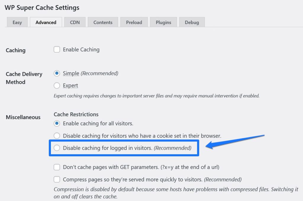 switch off caching for logged in users in wp super cache
