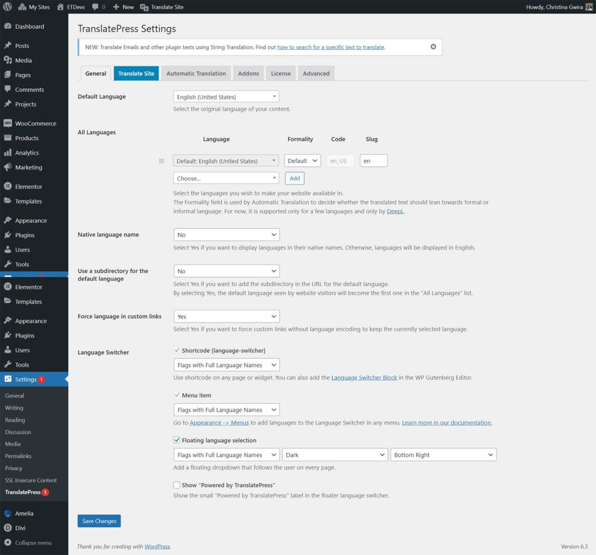 The default TranslatePress settings