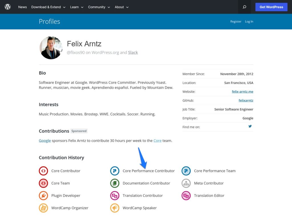 wordpress core performance team contributor badges