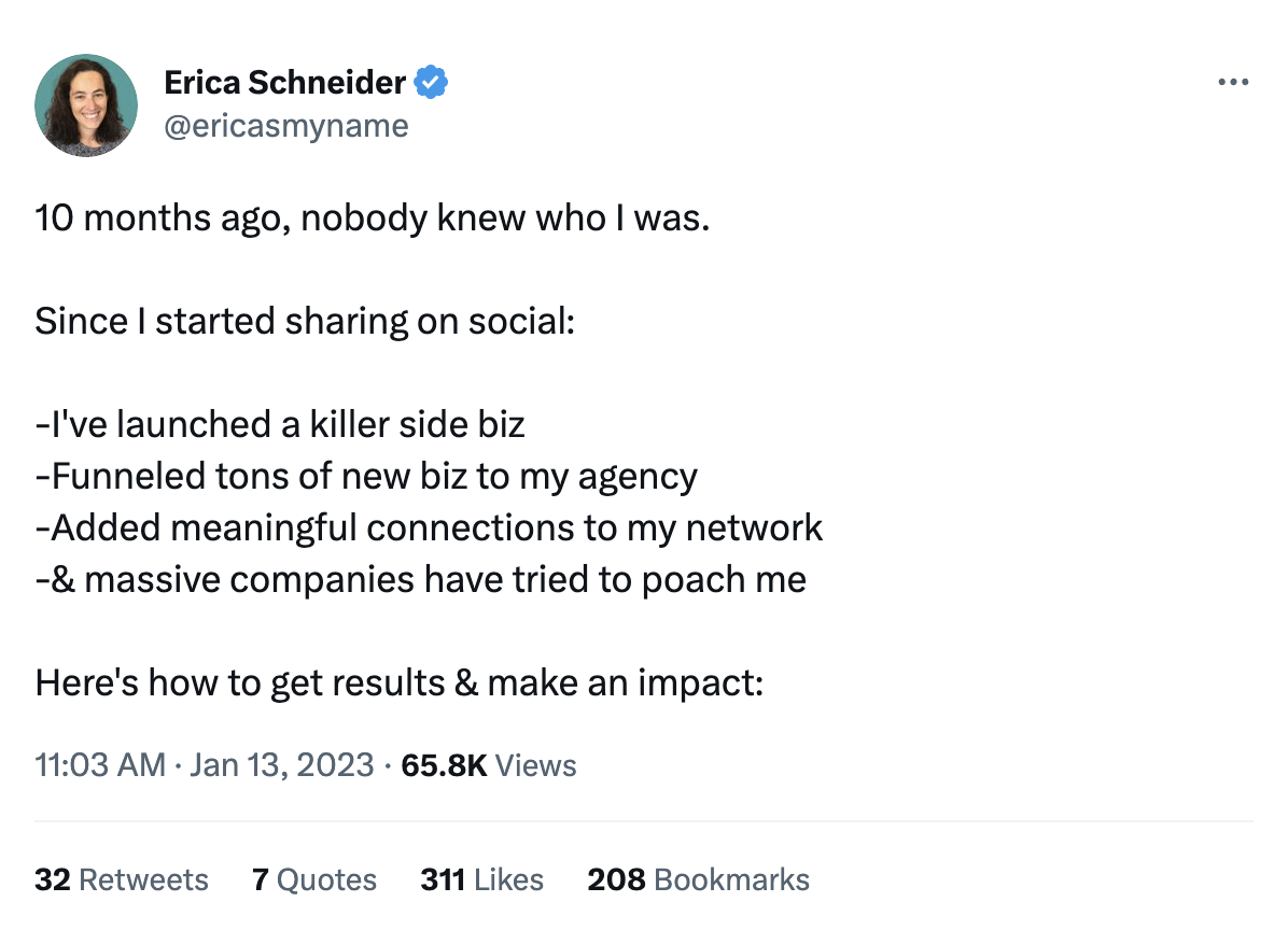 Content creator Erica Schneider shares a Twitter thread with tips on how to get results from sharing on social media.