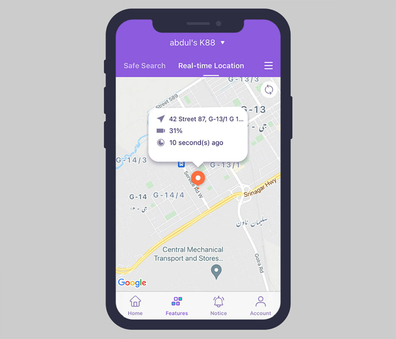 Real-time location tracking interface on FamiSafe