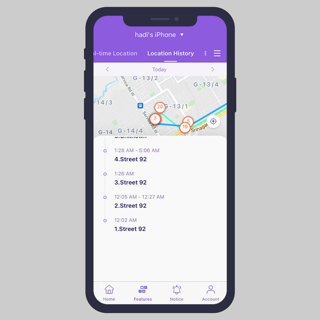 Location history interface on FamiSafe