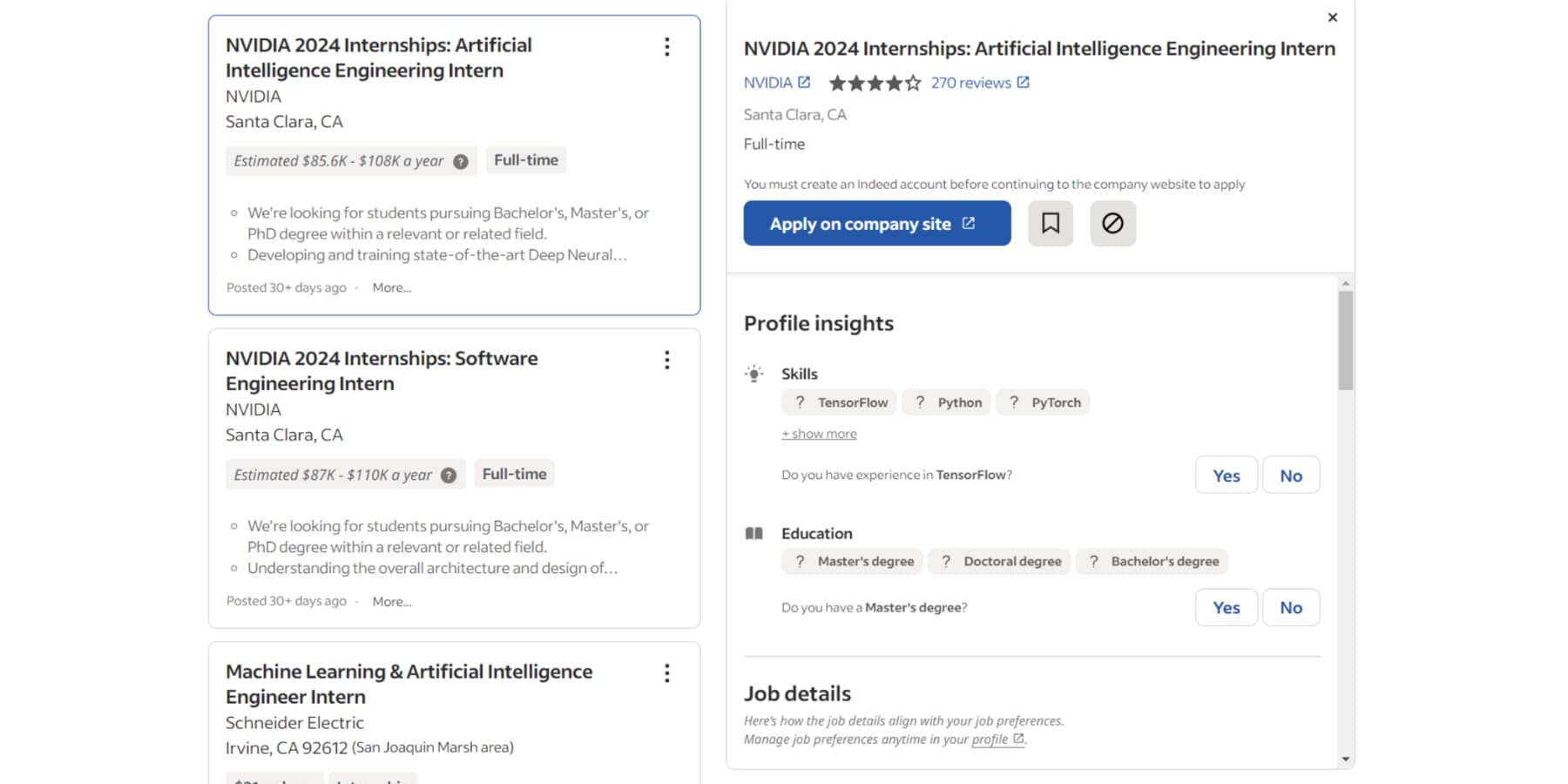 A screenshot of Ai internship jobs on Indeed.com