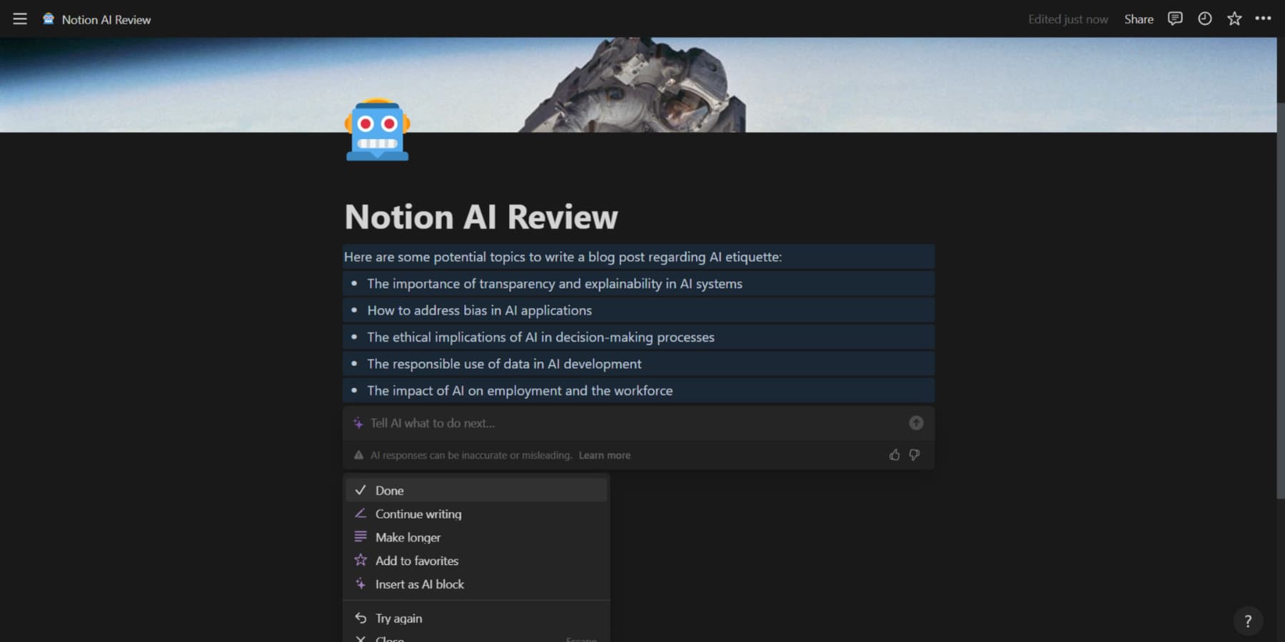 A screenshot of Notion AI generating blog post topics we gave it a keyword for