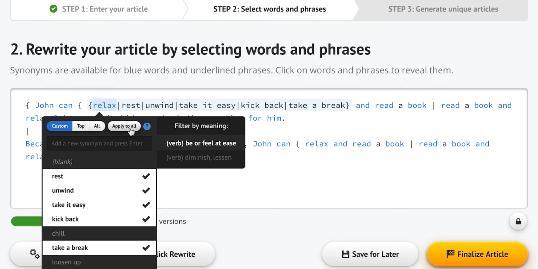 A screenshot of SpinRewriter's paraphrasing tools in action