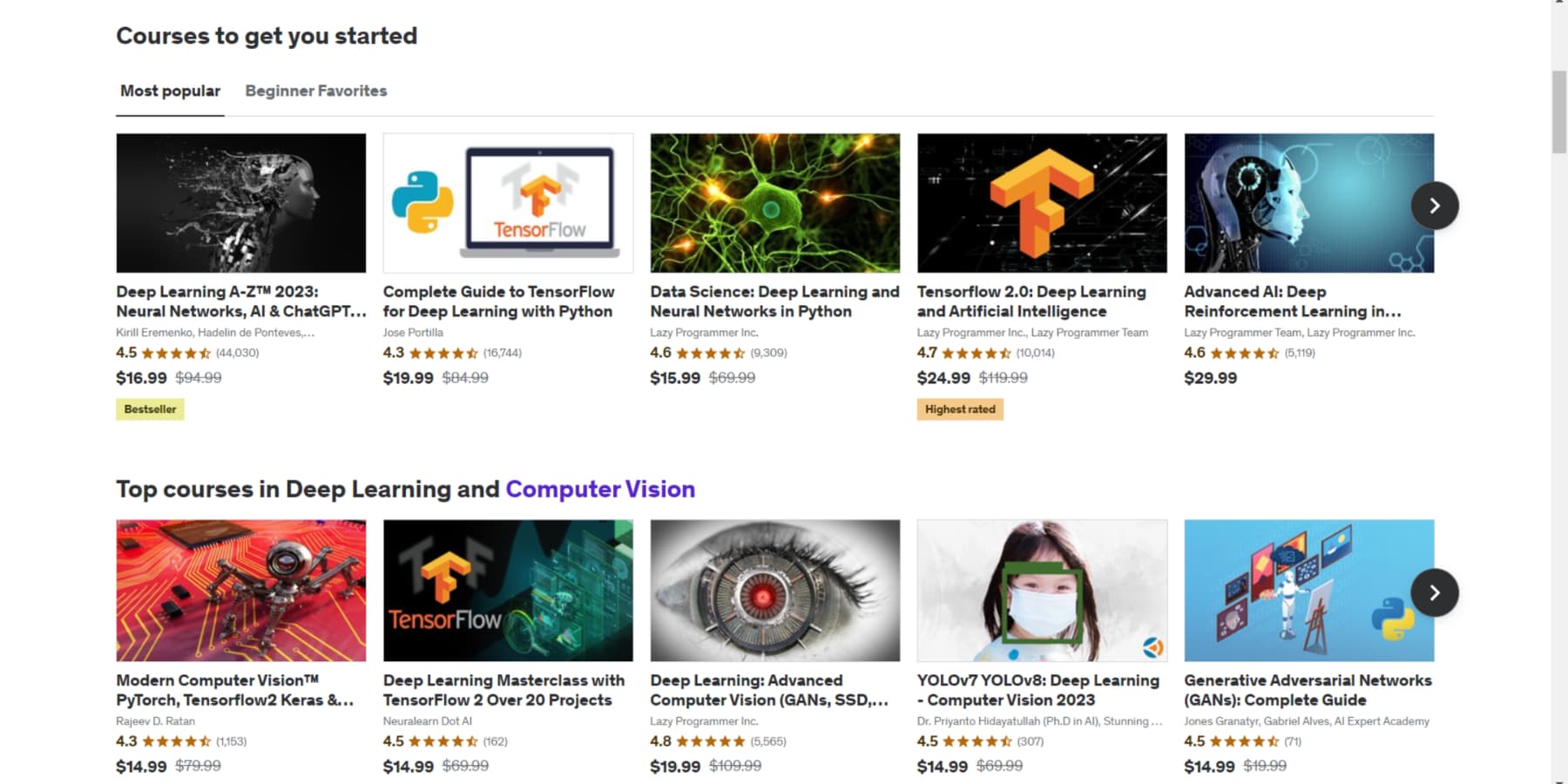 A screenshot of Udemy courses on AI/DL