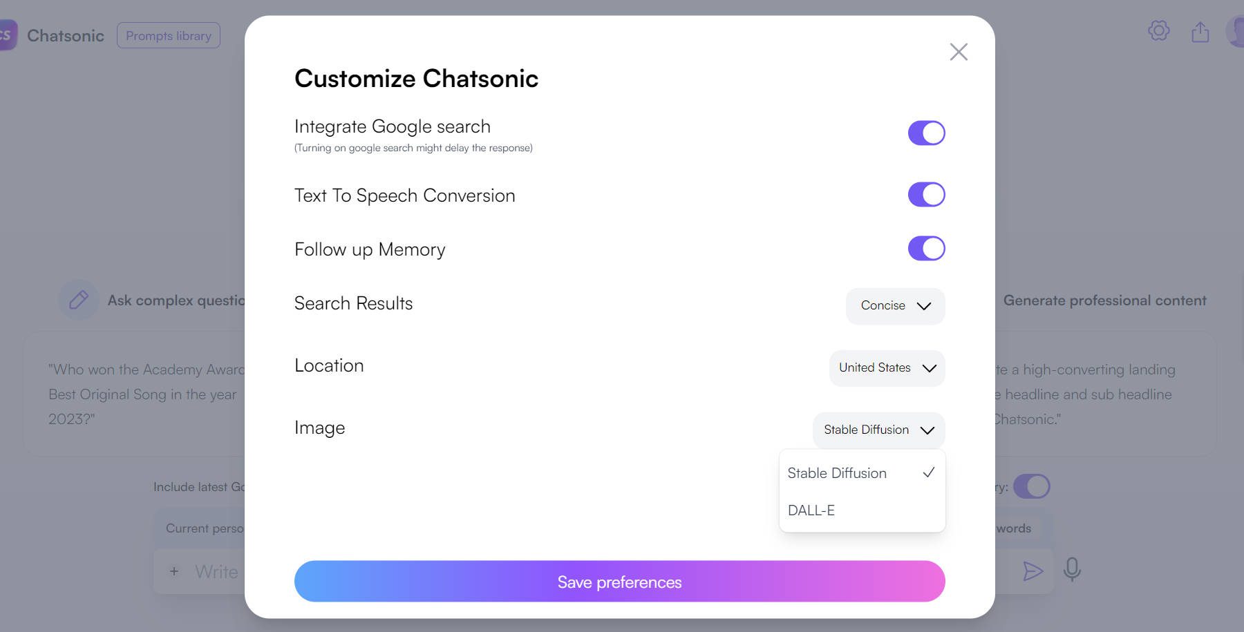 Chatsonic's Customization Settings