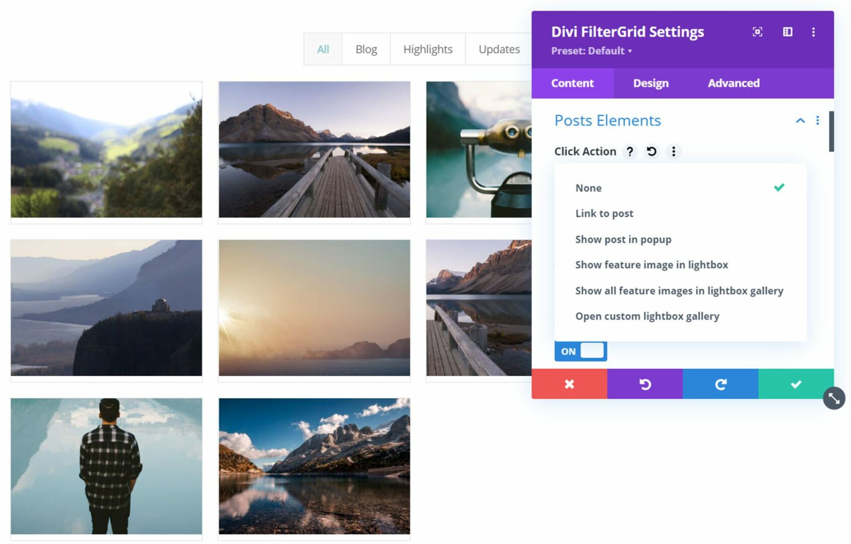 Divi Plugin Highlight Divi FilterGrid Click Action