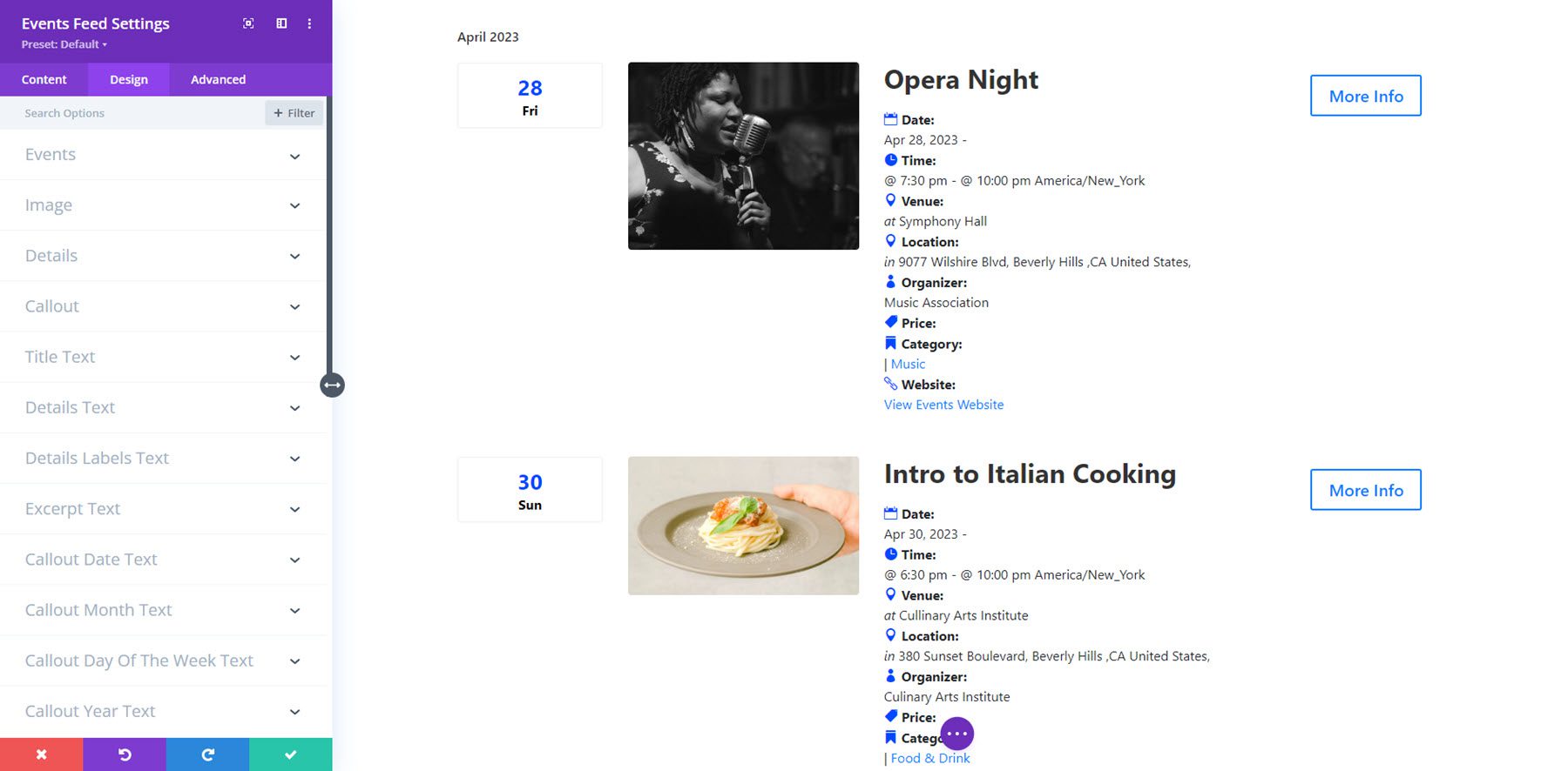 Divi Events Calendar Feed Design Settings