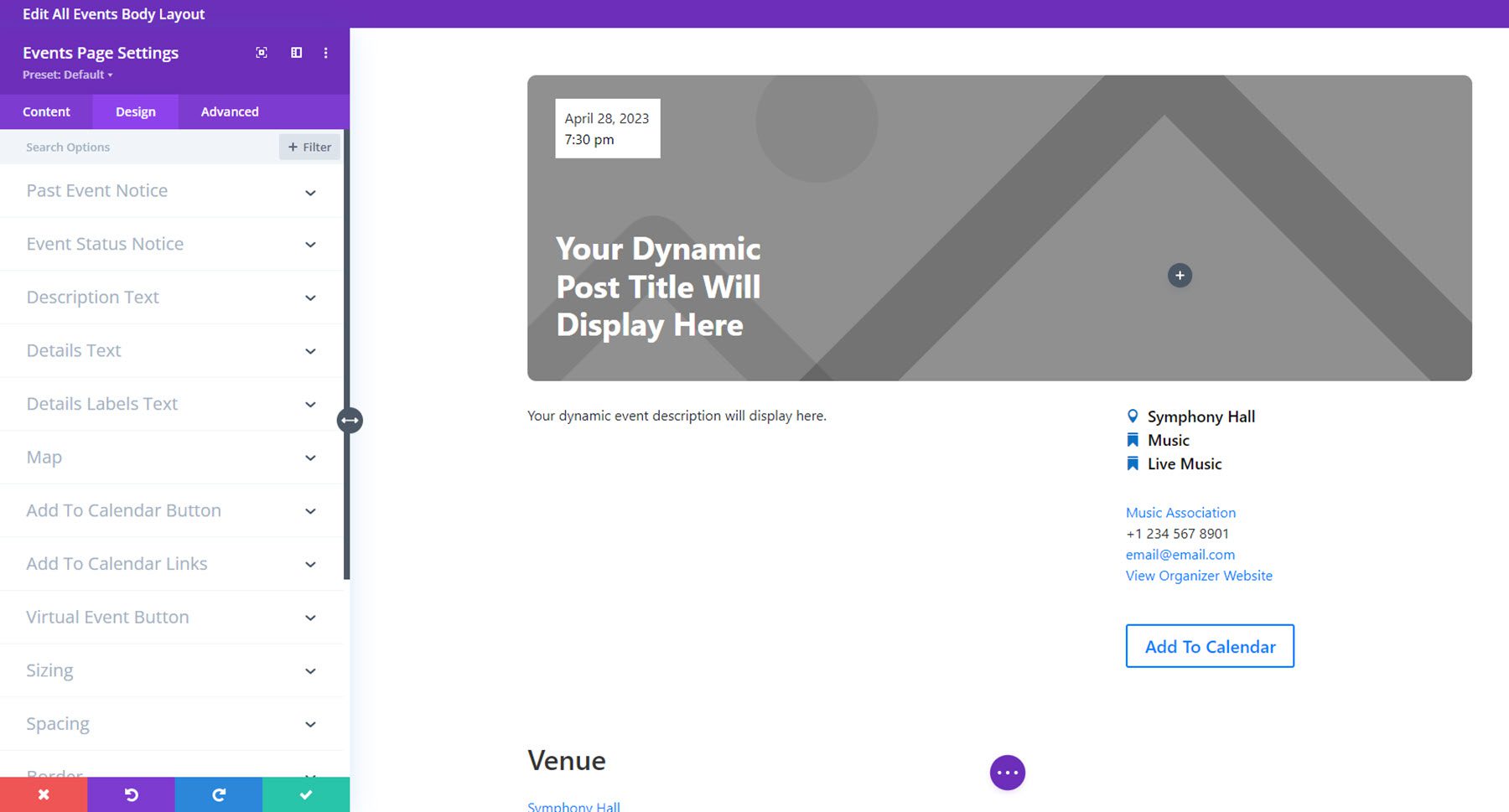 Divi Events Calendar Event Page Design Settings