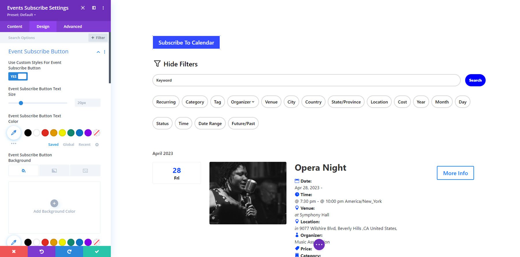 Divi Events Calendar Event Subscribe Design Options