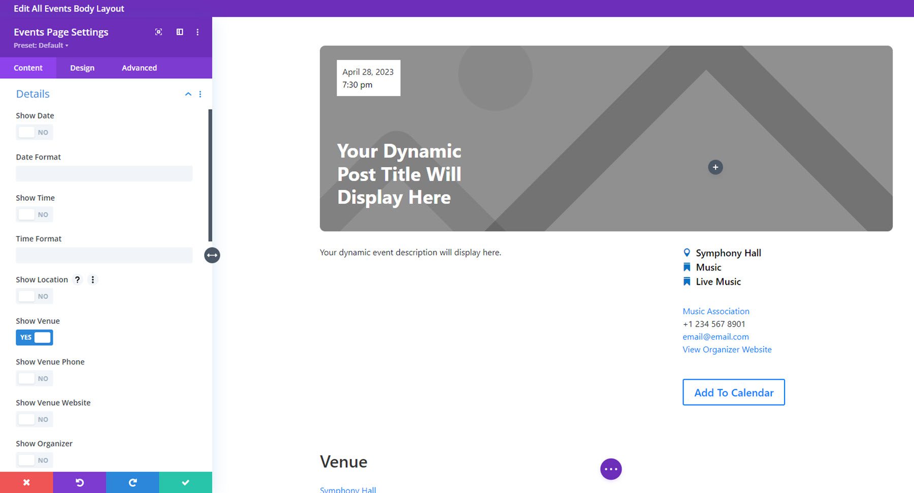 Divi Events Calendar Events Page Details