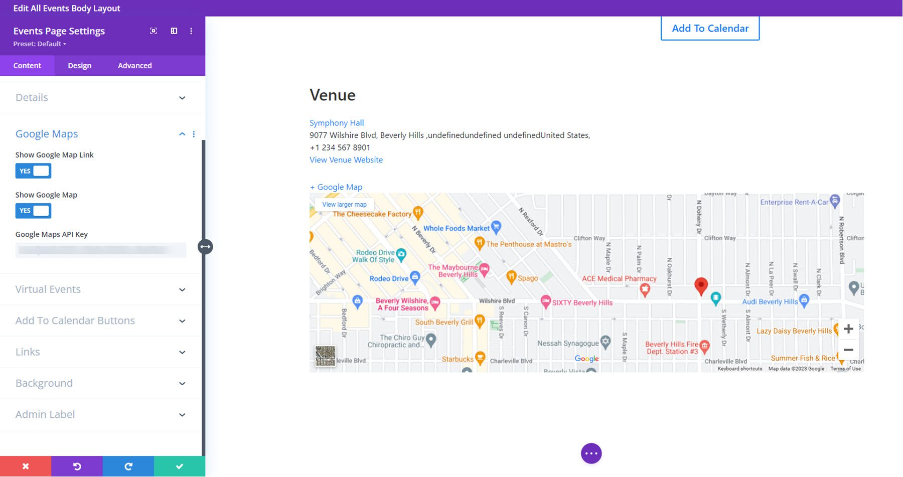 Divi Events Calendar Events Page Google Maps