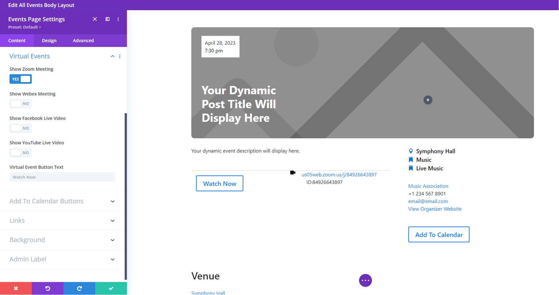 Divi Events Calendar Events Page Virtual Events