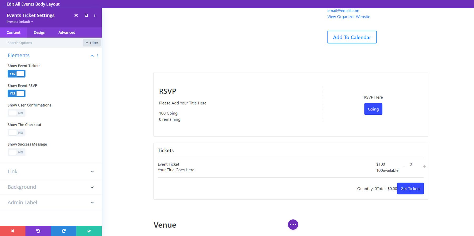 Divi Events Calendar Events Ticket Settings