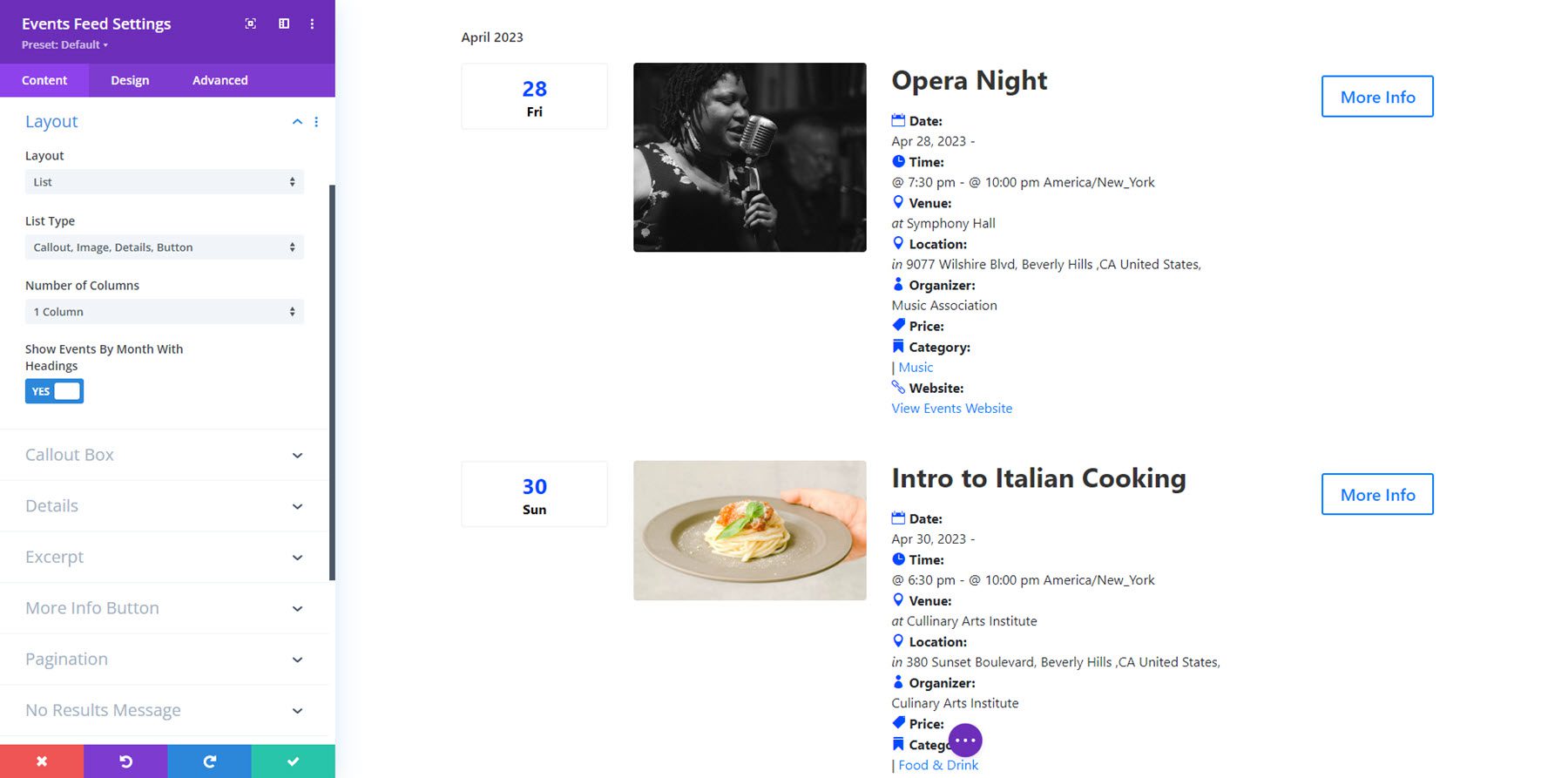 Divi Events Calendar Feed List Layout