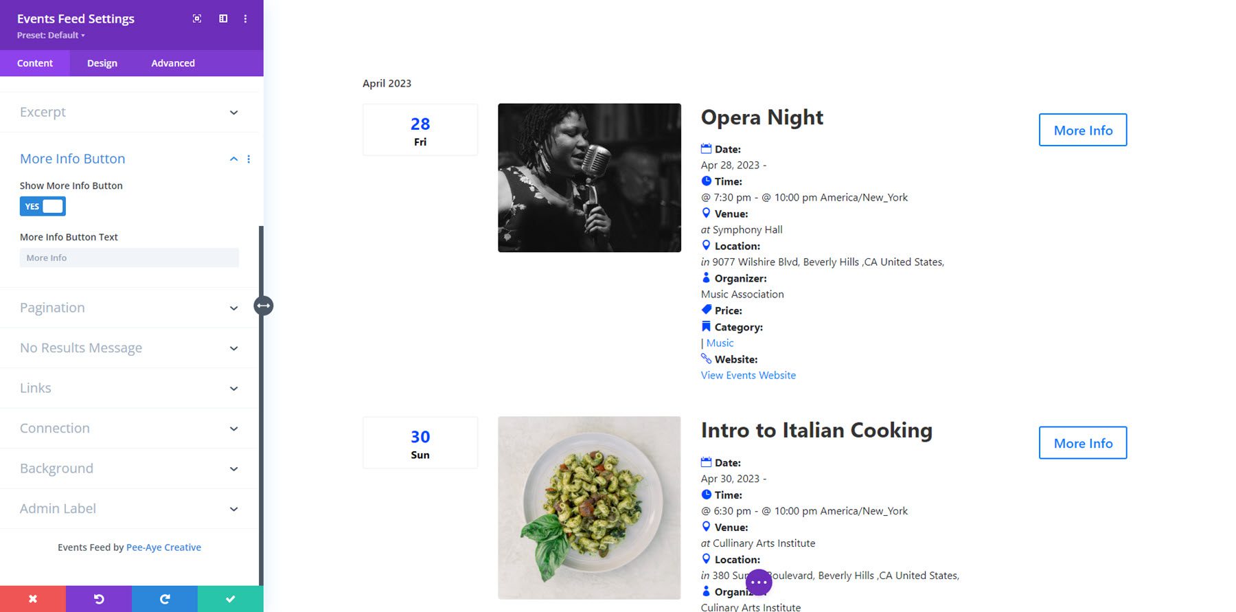 Divi Events Calendar Feed More Info Button