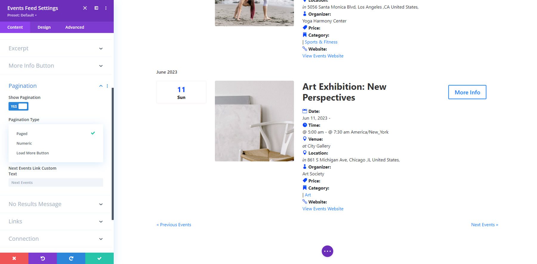 Divi Events Calendar Feed Pagination