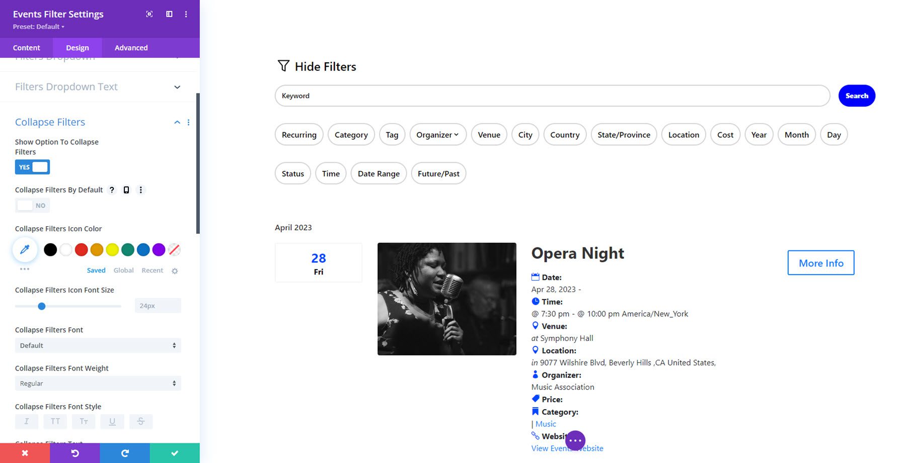 Divi Events Calendar Filter Collapse