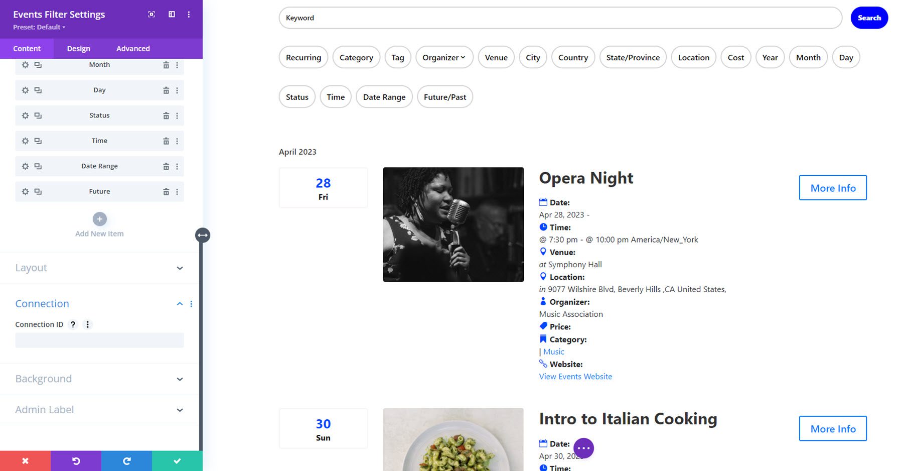 Divi Events Calendar Filter Connection