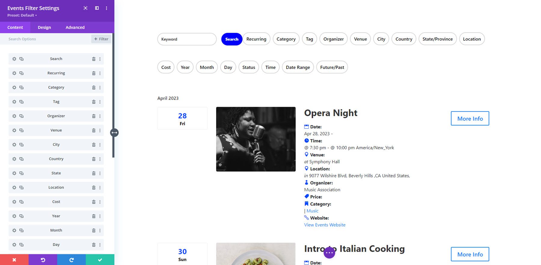 Divi Events Calendar Filters