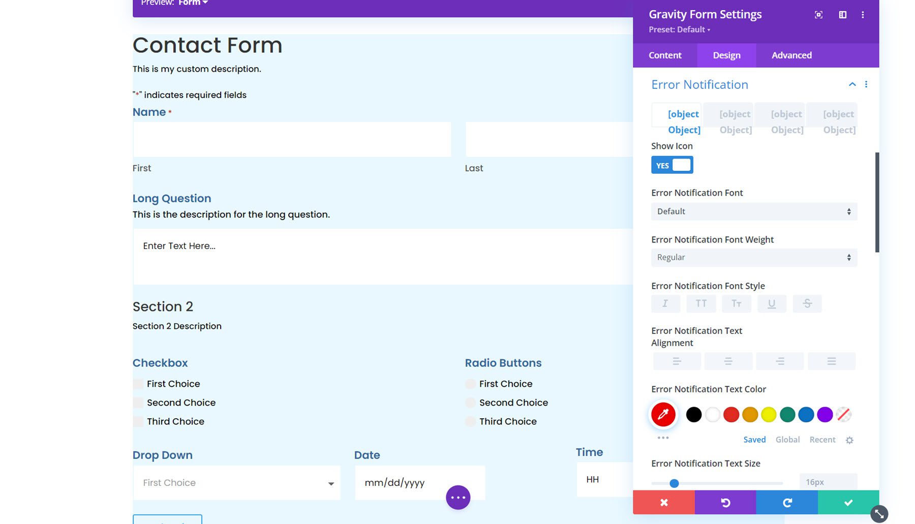 Gravity Forms Styler Module for Divi Error Notification