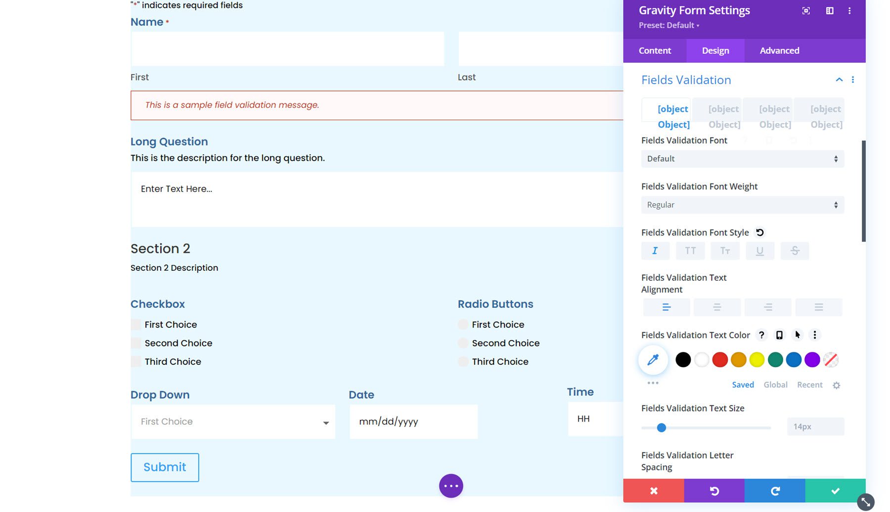 Gravity Forms Styler Module for Divi Fields Validation