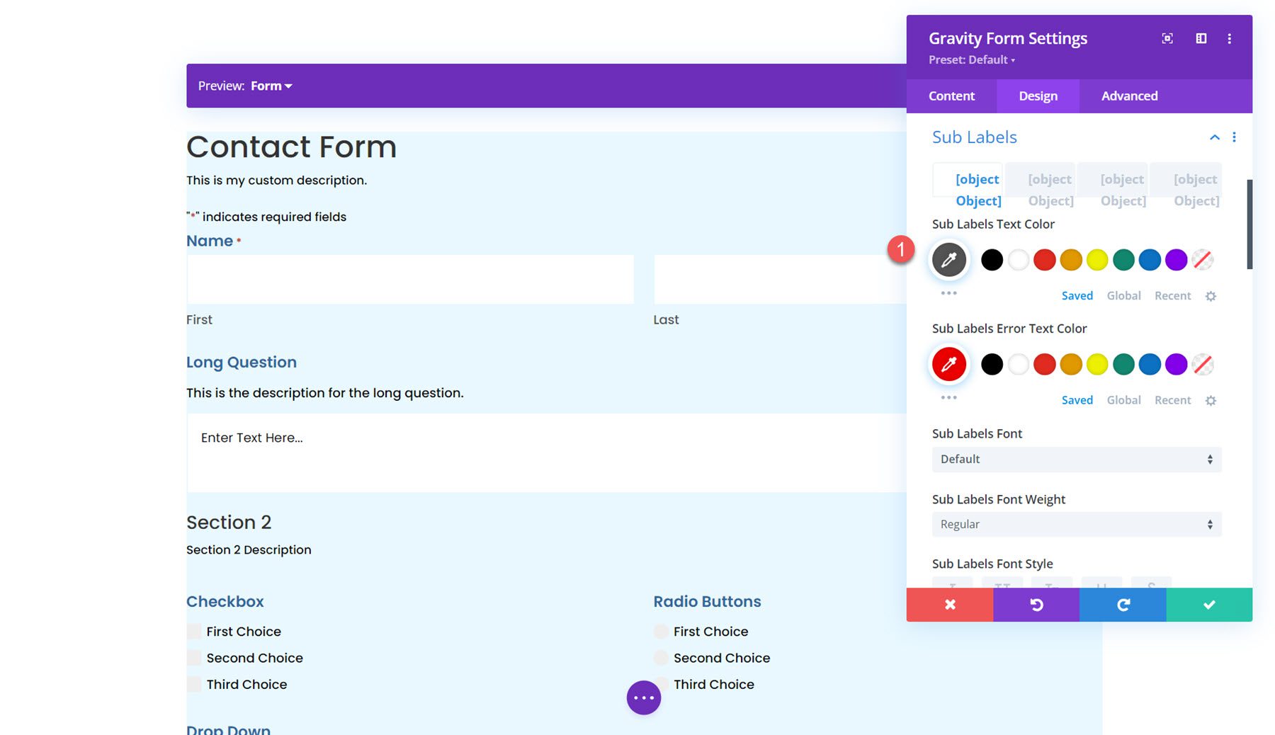 Gravity Forms Styler Module for Divi Sub Labels