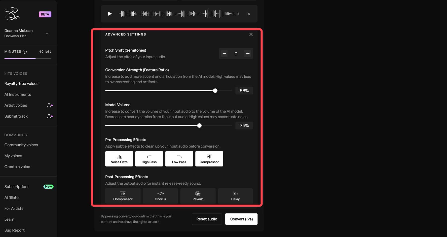 Kits.AI advanced settings