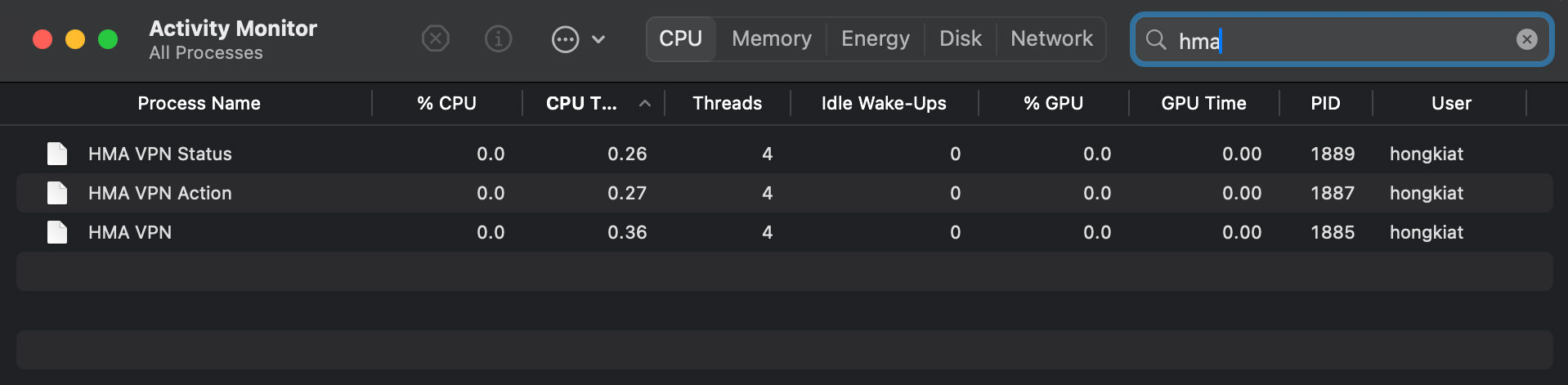 Activity Monitor showing HMA VPN processes