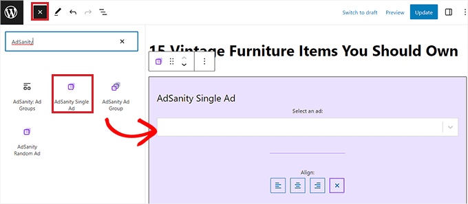 Add the AdSanity Single Ad block