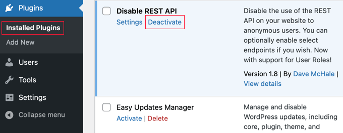 Deactivating a WordPress Plugin