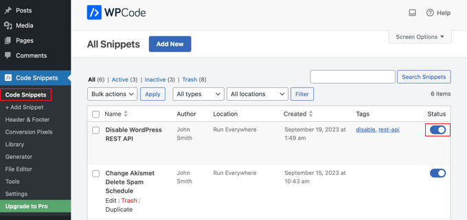 Deactivating a Code Snippet in WPCode