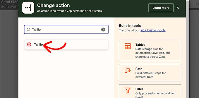 Choose Twilio as action integration