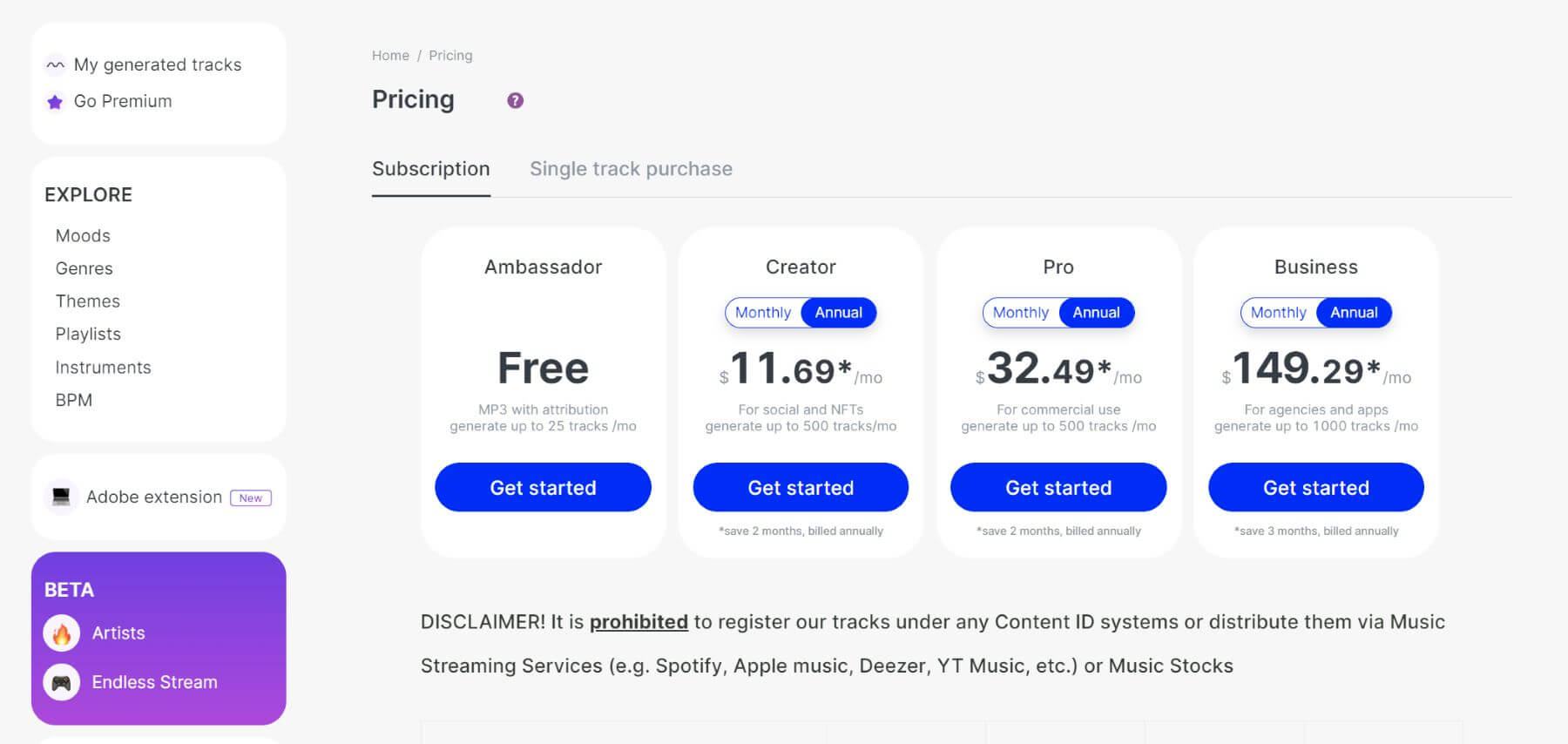 Mubert AI Pricing