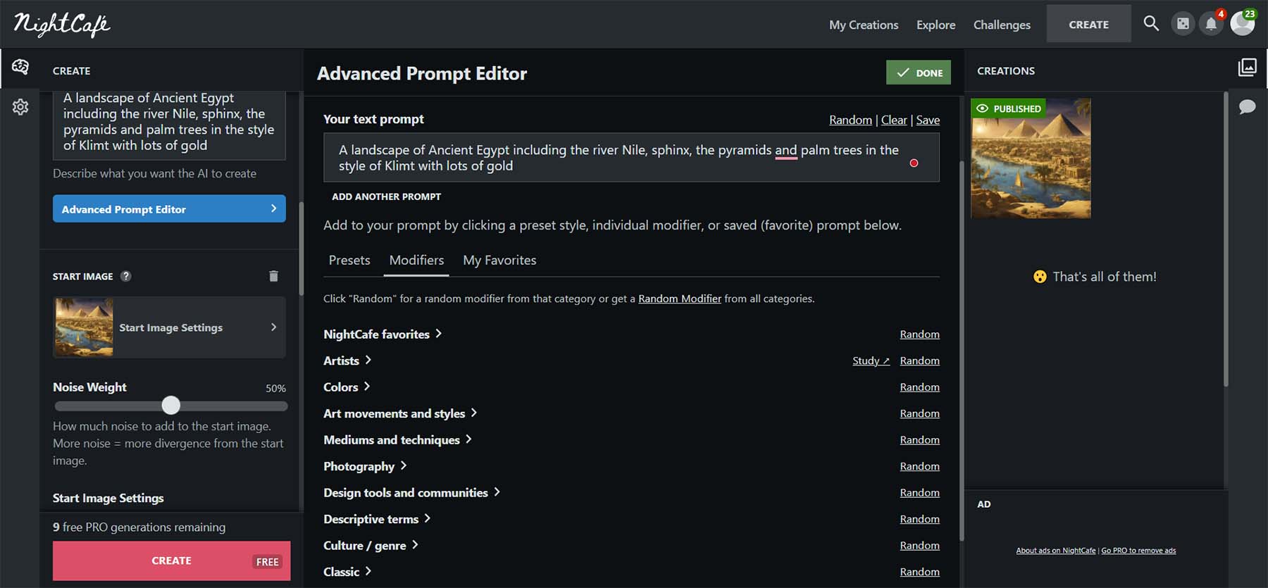 Nightcafe's advanced prompt editor