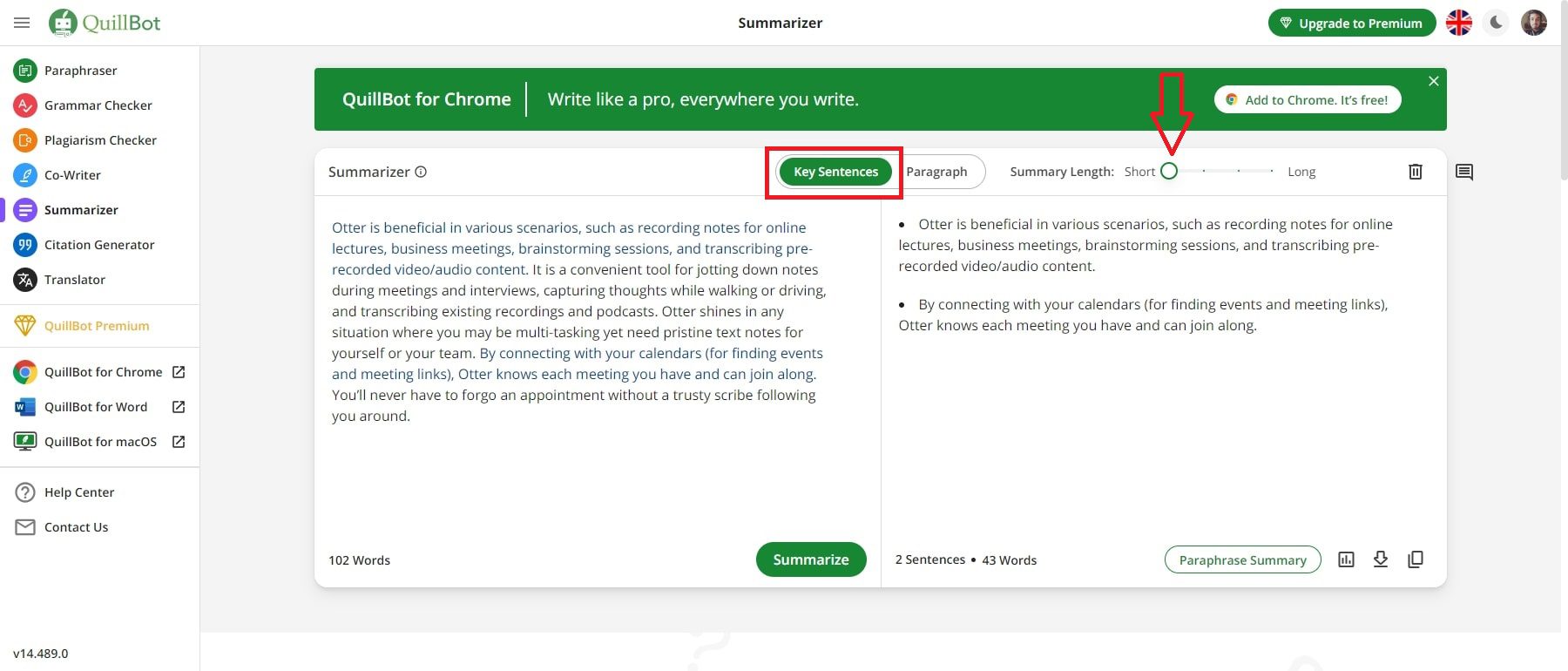 quillbot ai key sentences short summary length