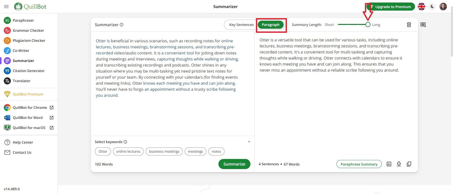 quillbot ai paragraph long summary length