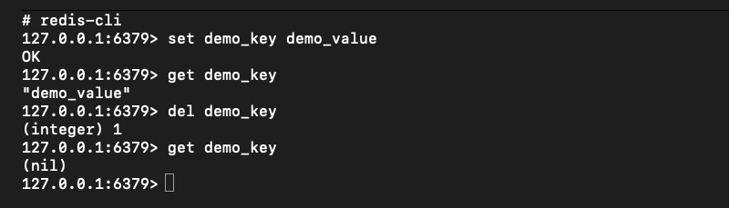 Screenshot: Creating, querying and deleting Redis key/value data.